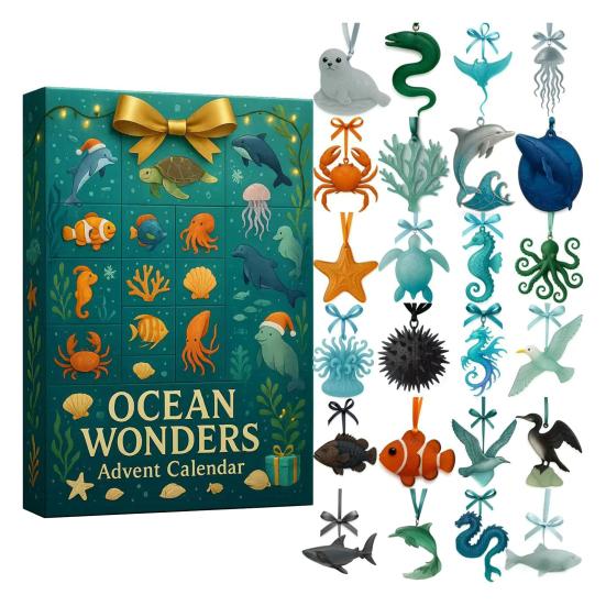 Sea Glass Marine Life Advent Calendar 2025 24 Days Christmas Countdown Calendar with 24 Realistic Ocean Ornaments Seaside Decor for Kids Collectors