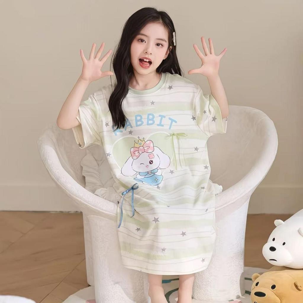 Cartoon Style Girls' One-Piece Summer Nightgown - Thin, Cute, Soft for Medium/Older Kids, Ideal for Home Air Conditioning.