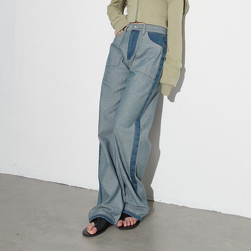 Pantalones Vaqueros Ajustados de Cintura Alta con Bloques de Color - Estilo Europeo y Americano - Primavera 2025