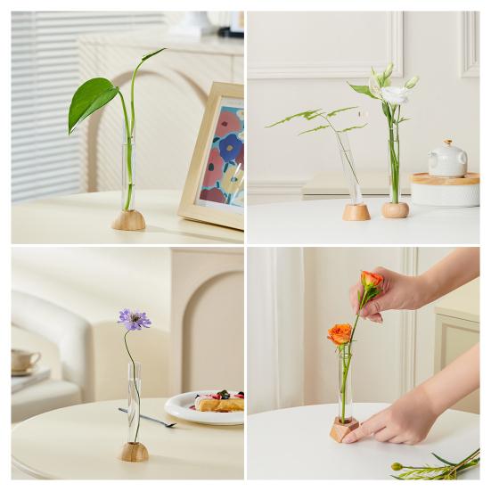 Glass Tube Vase with Wood Base Minimalist Flower Vase Single Stem Flower Vase for Flower Cuttings Home Table Centerpiece Office Desk