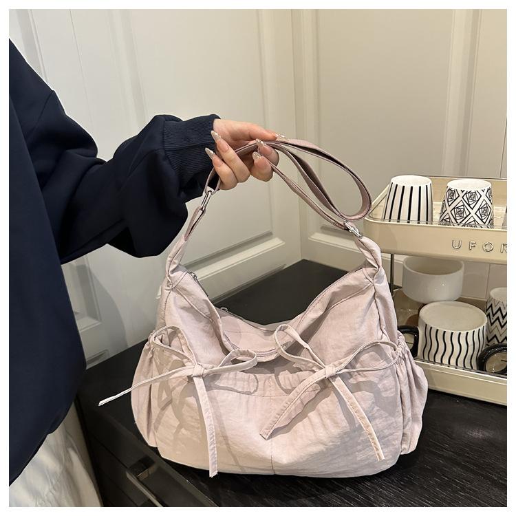 Pleated Bow Knot Tote Bag for Women Cotton Large Capacity Shoulder Crossbody Bag