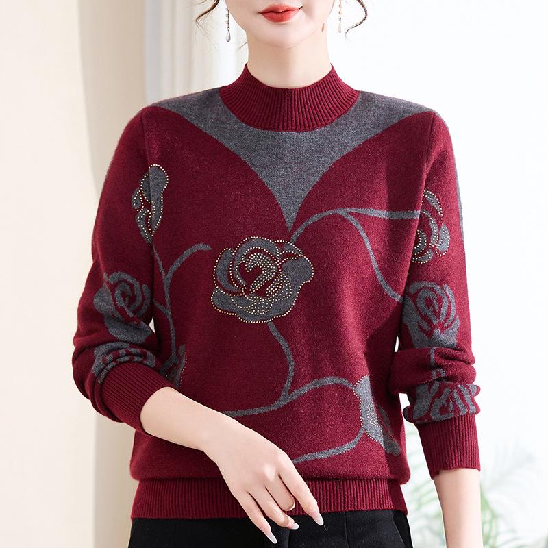 Women's Long Sleeve Knit Sweater O Neck Casual Knit Top Floral Print Rhinestone Pullover for Autumn Winter