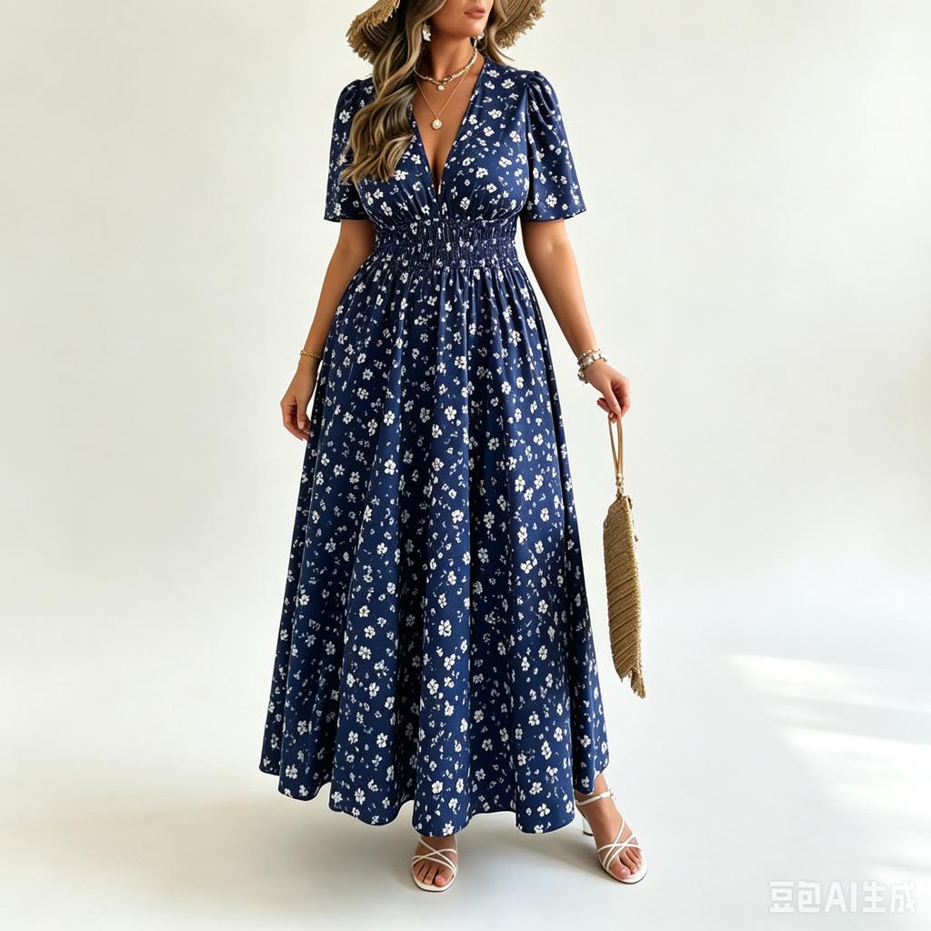 V Neck Floral Maxi Dress for Women Elegant A Line Sundresses for Women Spring Dresses for Women Vacation Outfits for Women