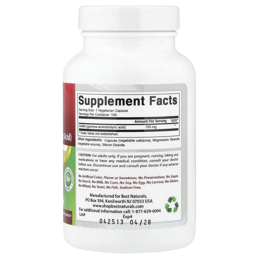 Best Naturals, GABA, 750mg, Veggie Capsules 100 Tablets