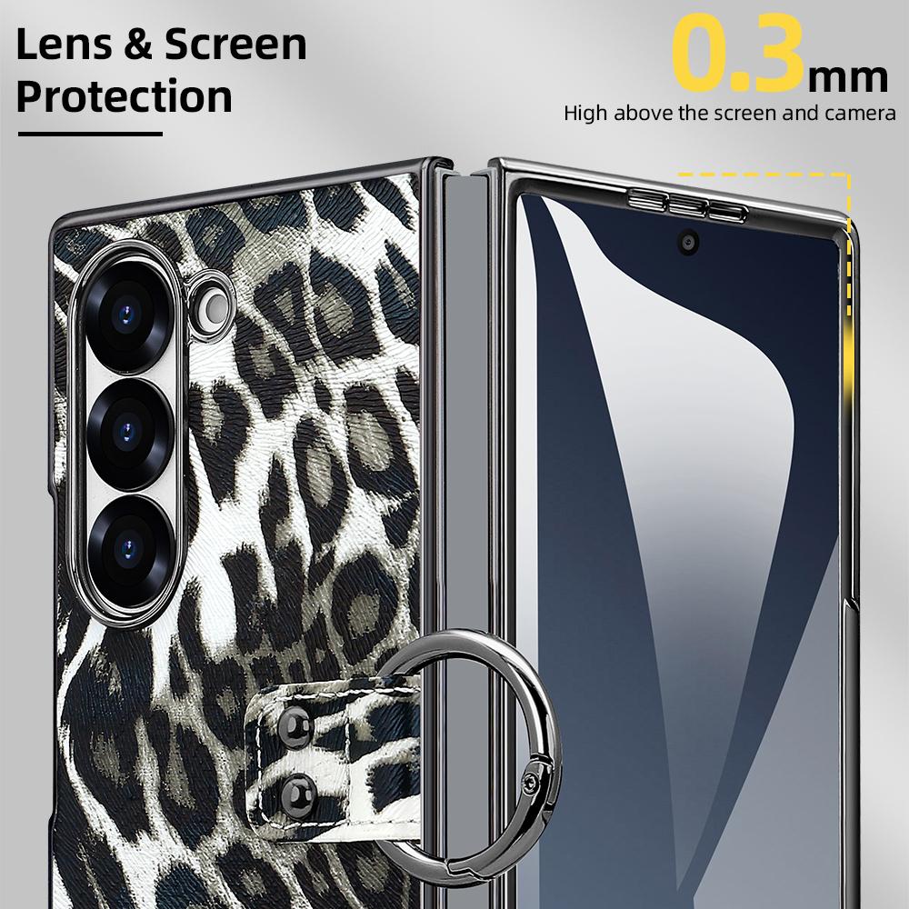 For Samsung Galaxy Z Fold6 5G Case Leopard Pattern PU PC Phone Cover with Tempered Glass Film/Ring Holder