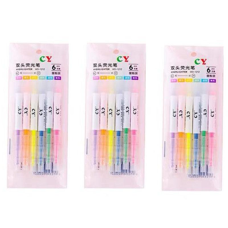 6 Colors/Collection Double Headed Highlighter Pen Fluorescent Drawing Markers Highlighters Pens Stationery Office School Supplies
