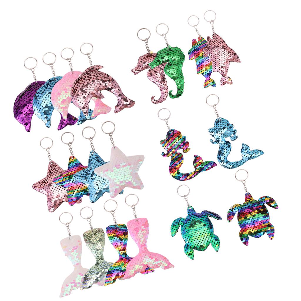 20 stuks Zeemeermin Pailletten Sleutelhangers, Sprankelende Flip Pailletten Oceaan-Thema Sleutelringen, Zeester Schildpad Visstaart Dier Vormen