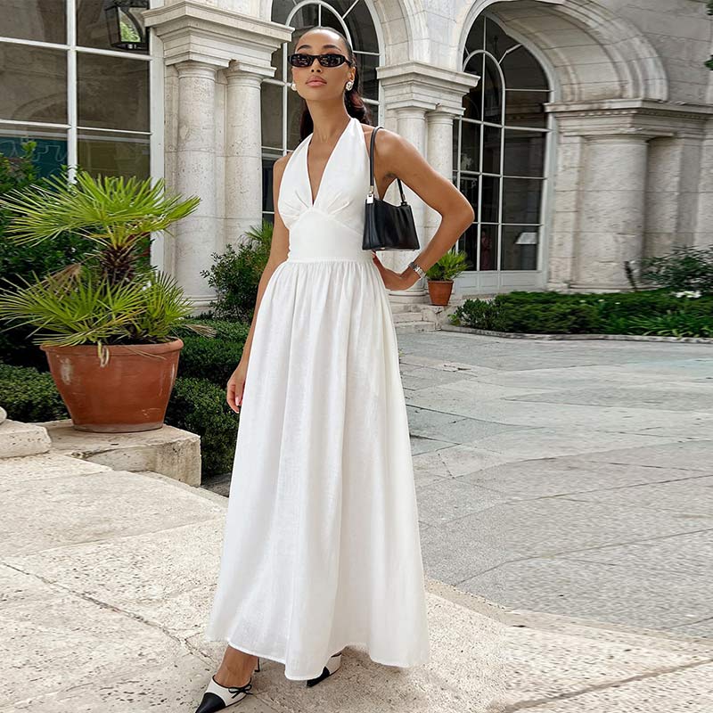 Bílé bavlněné halter šaty s výstřihem do V, sexy odhalená záda, dámské šněrovací A-line šaty, top v pase, velká sukně, módní plážové šaty na dovolenou, léto nové