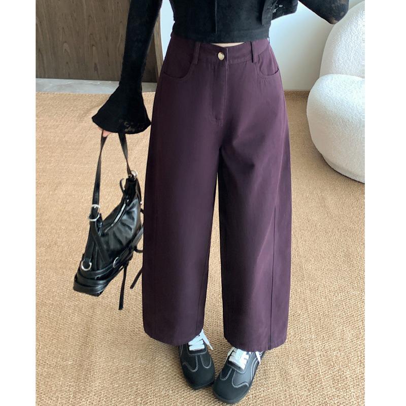 Women's Plum Purple Wide-Leg Washed Cotton Denim Pants - Autumn & Winter Casual Straight-Leg Nine-Point Trousers