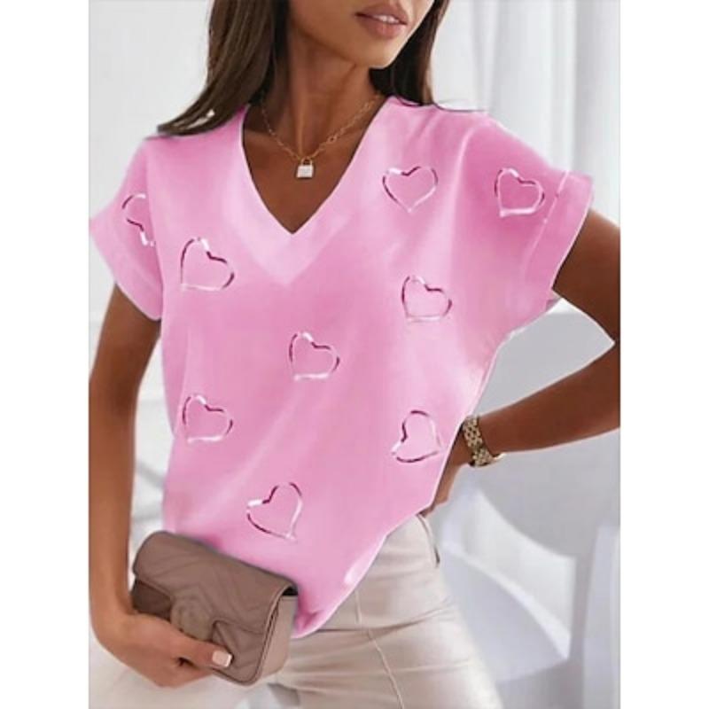Dámská tričková halenka Basic Heart Print Dolman Rukáv Krátký rukáv Běžné Topy Výstřih do V Ležérní Bílá Růžová Modrá