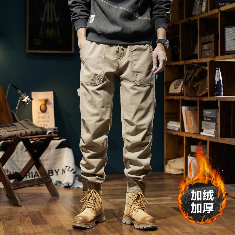 Men's Winter New Trendy Brand Drape American Retro Overalls Elastic Velvet Large Pocket
