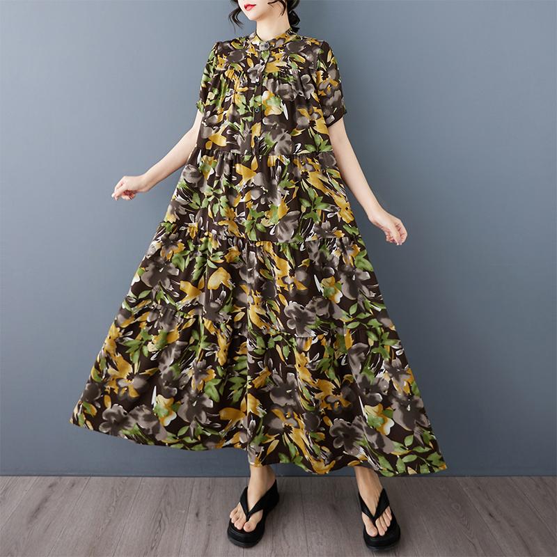 

DIMANAF 2025 Plus Size Summer Dress Women Vintage Long Dress Short Sleeve Floral Loose Casual Dress Maxi One Size жёлтый