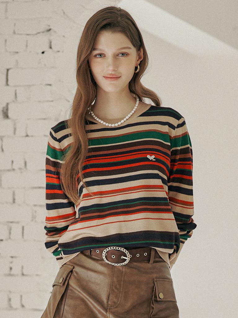 MAXZA Multi-Stripe Pattern Round Neck Knit