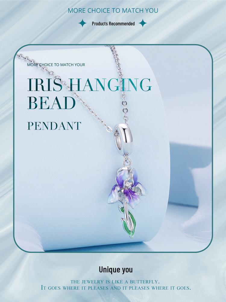 Silver Iris Gradient Oil Drip Pendant & S925 Sterling Flower Bracelet Beads