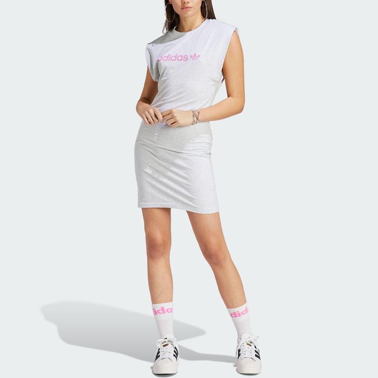 Adidas Originals Trefoil Musc Dress Letter Logo Print Sports Knit Fitted Round Neck Sleeveless Dress Women Dresses Light-Gray IC3081