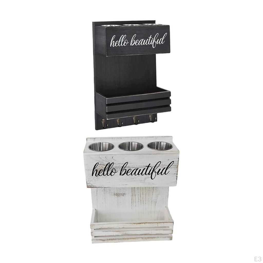 Holder Wall Organizer Storage Shelf Hair Accessories Wooden Tray Three Stainless Steel Cups And