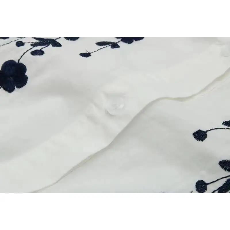 Korean Fashion Summer Shirts Women's Peter Pan Collar Embroid Single Breasted Long Sleeve Loose Mid-length Top