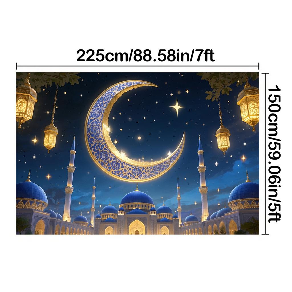 Romantic Starry Sky Theme,EID Al Adha Background Cloth with Crescent Moon,Mosque,Lantern Design,Festive Party Celebrations