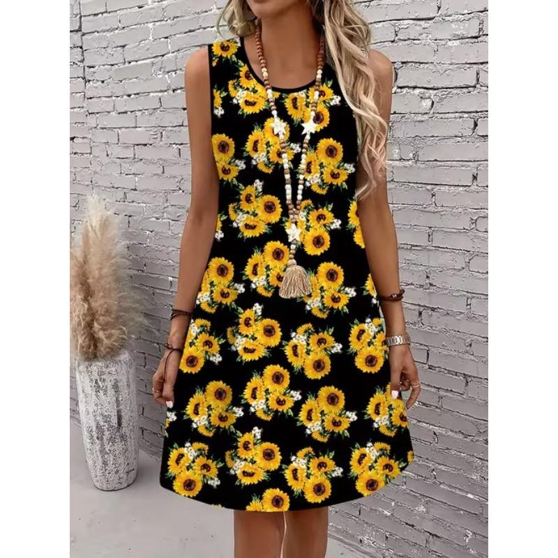 Women's Beautiful Flowers Printed Sleeveless Round Neck Dress Loose Soft and Comfortable Plus Size Dress
