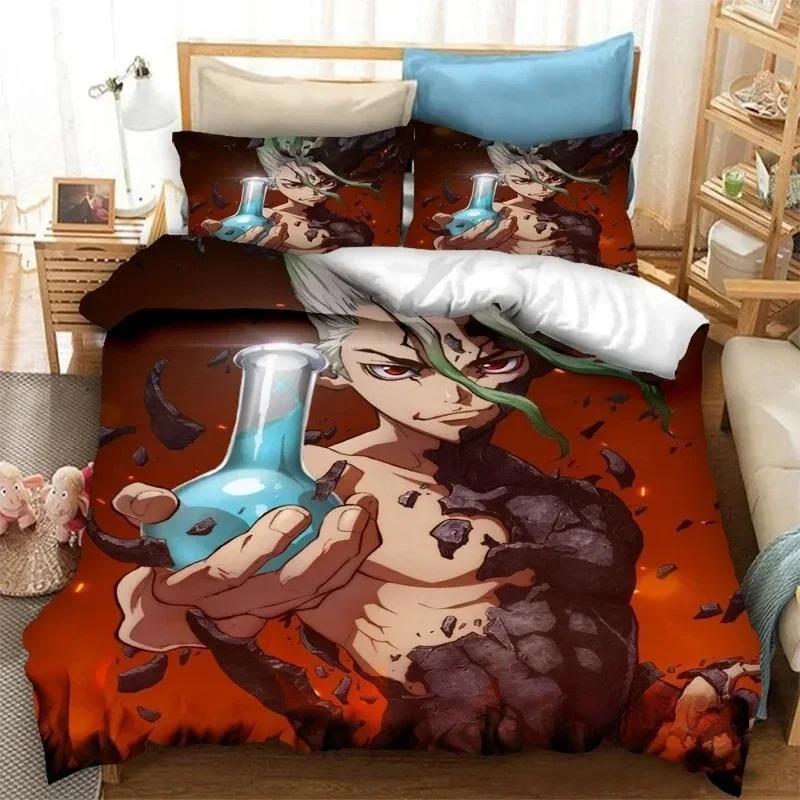 New 3D Anime Dr.STONE Bedding Set Printed Bed Set With Pillowcase Bed Duvet Cover Soft Single Double Queen Super King Size