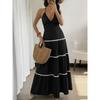 New Color Block V-neck Halter Sexy Vacation Style Tiered Cake Dress For Women
