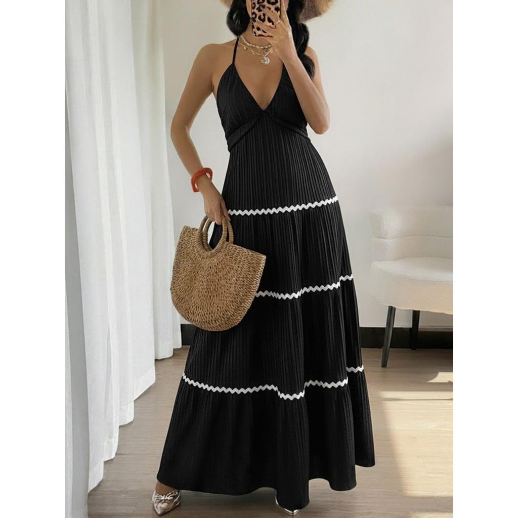 New Color Block V-neck Halter Sexy Vacation Style Tiered Cake Dress For Women