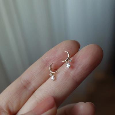 S925 Sterling Silver Moon Shape Studded with Water Drop Zircon Stud Earrings for Women Niche Design All-Match Affordable Luxury Fashion Earrings