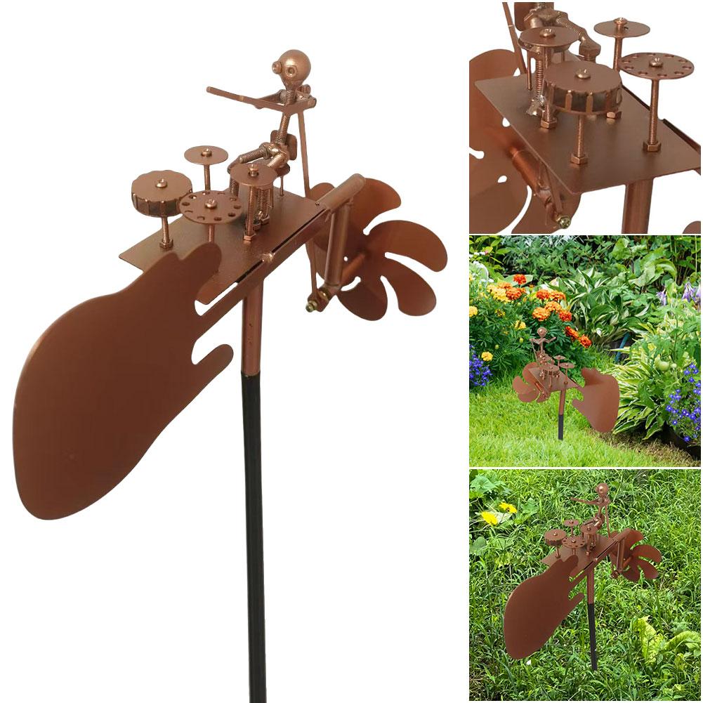 Metal Wind Spinner Beat The Drums with The Wind Decorative Wind Power Rock Art Statue Outdoor Wind Sculpture for Garden Yard China Mainland
