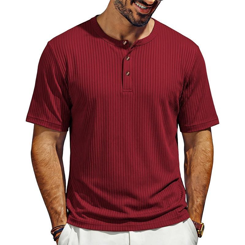 Men Retro Casual Ribbed Henley Short Sleeve Sports T Shirt