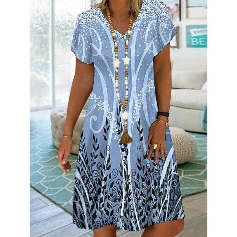 Summer Temperament Elegant and Fashionable Design Women's Casual Elegant Dress 3D Printed V-neck Short Sleeved Dress