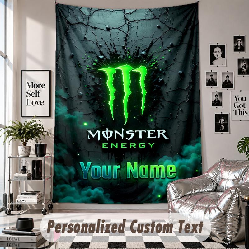 Wall Hanging Tapestry With Custom Name & Text, Monster Energy Decorative Tapestry For Bedroom