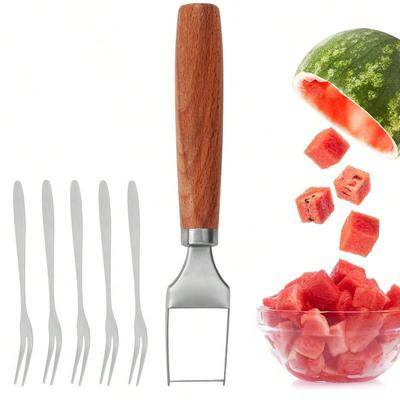 Cortador de sandía Leeseph con mango de madera, cortador de frutas portátil de acero inoxidable, utensilio de cocina para fiestas en casa