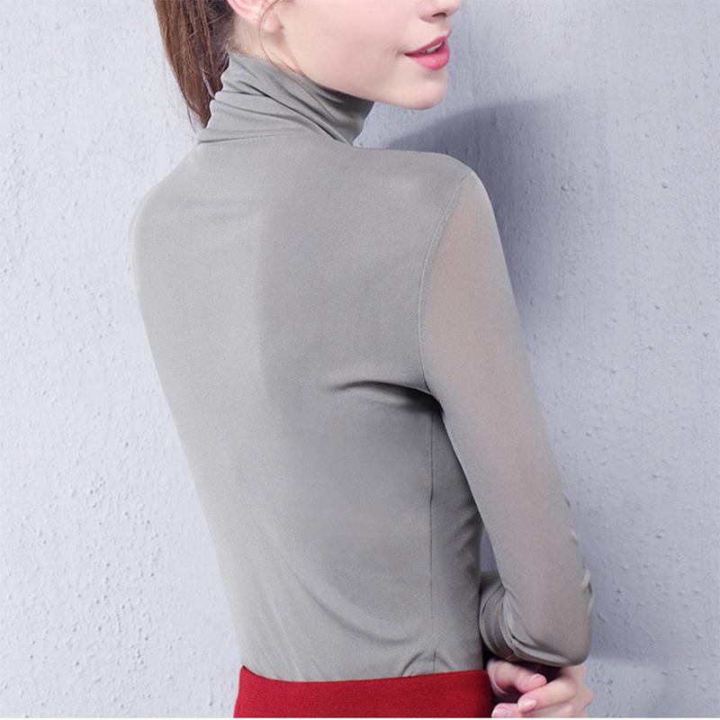 Women's Velvet Mesh High-Neck Base Layer: Long-Sleeve, Solid Color, Slim Fit for Autumn/Winter 2023