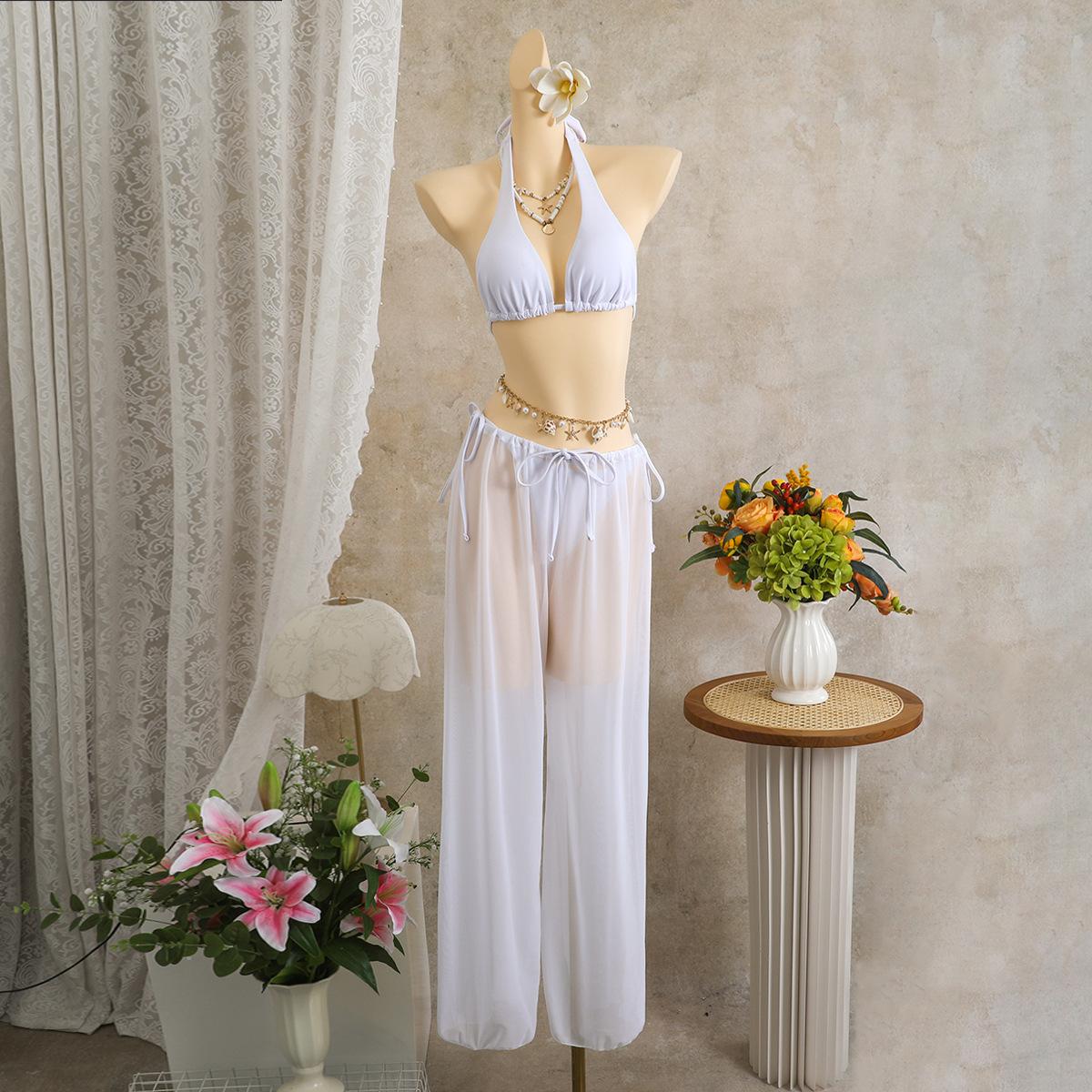 European and American sexy beach vacation solid color three-piece swimsuit trousers swimsuit bikini bikini S