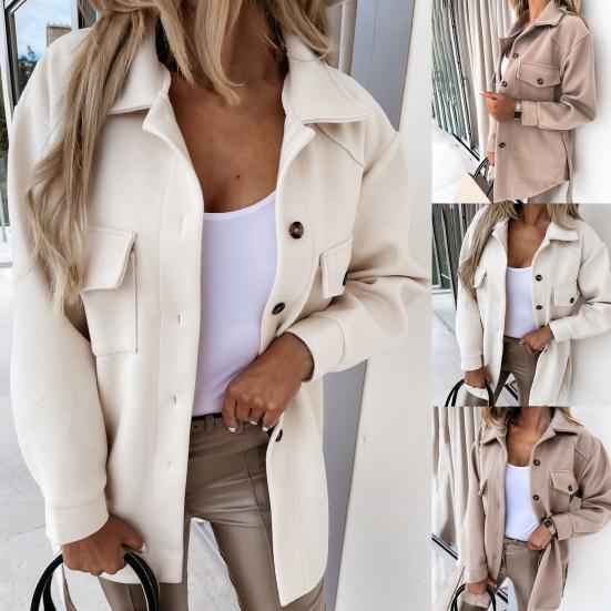 Turn-down Collar Women Coat Single Breasted Autumn Winter Flap Pockets Warm Woolen Coat Outerwear