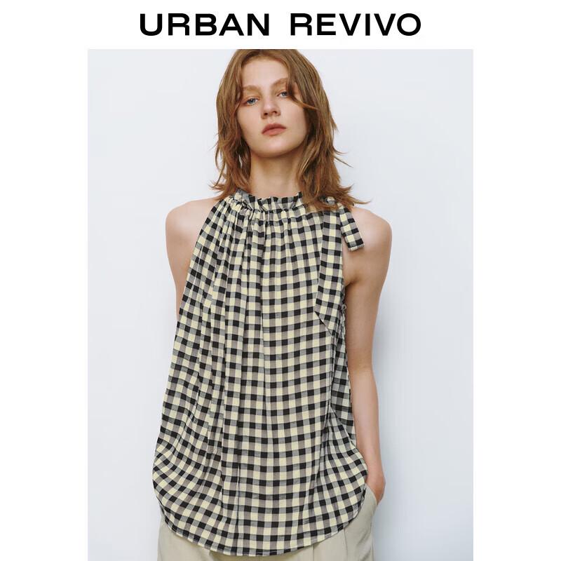 UR2025 Women s Color Block Plaid Sleeveless Loose Blouse L(XL-XXL)