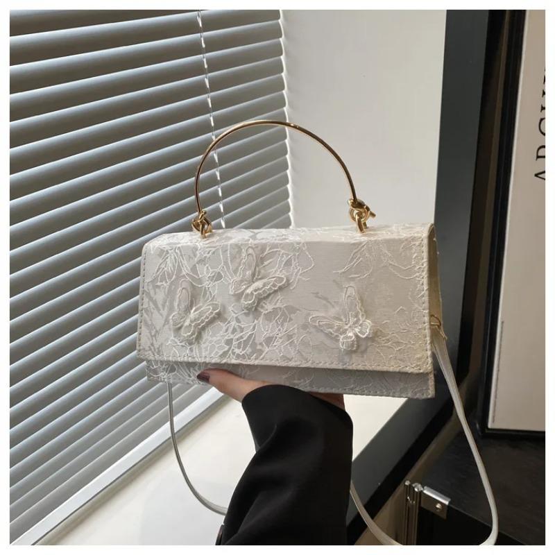 

Elegant Butterfly Women Square Shoulder Bag Solid Color Lace Ladies Portable Dinner Handbags Luxury Retro Female Crossbody Bags бежевый