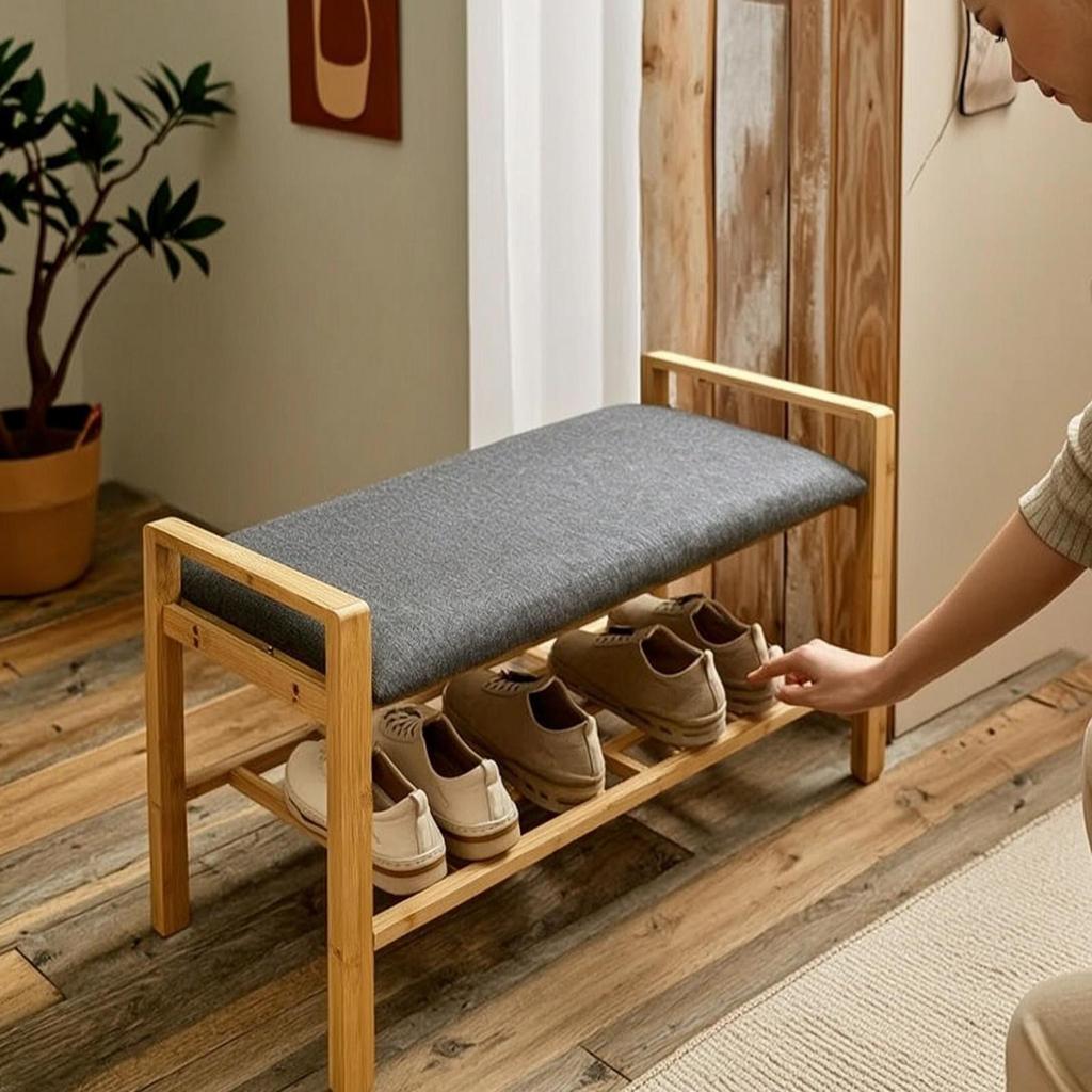 Bamboo Shoe Bench with Shelf Comfortable Furniture Stable for Bedroom