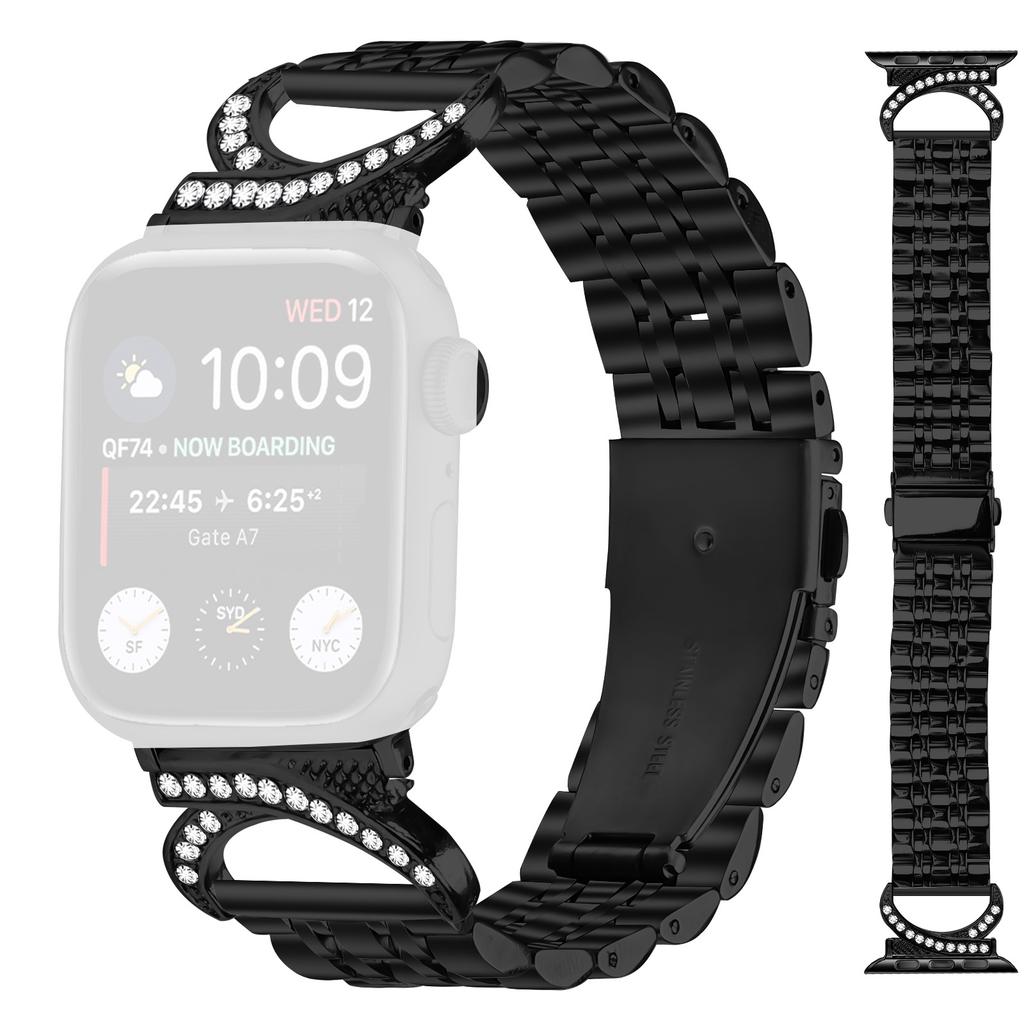 Watch Strap for Apple Watch Series 11 10 42mm/9 8 7 41mm/SE3 SE2 SE 6 5 4 40mm/3 2 1 38mm Stainless Steel Band with Rhinestone Ox Horn Style Connector