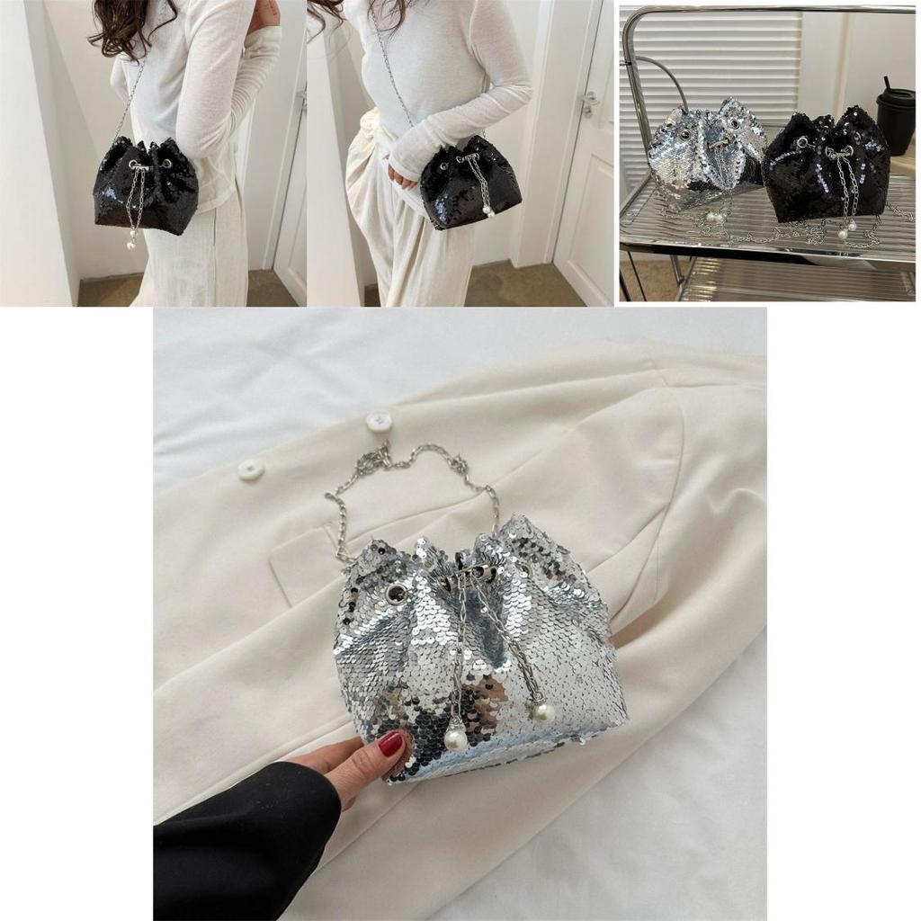 Chic Sequin Bucket Bag With Chain Strap 2023 Summer New Women's Street Style Shoulder Bag Crossbody Bag