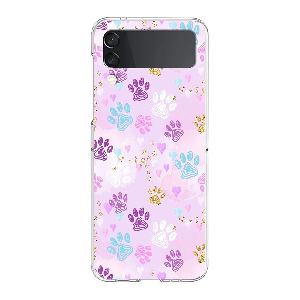 Dog Footprint Paw Cute Hard PC Phone Case For Samsung Galaxy Z Flip 5 4 3 Transparent Cover For Galaxy Z Flip 6 Shockproof Capas