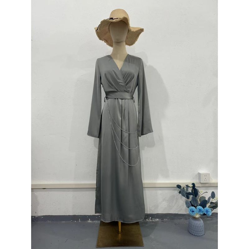 

Fashion New Arrival Elegant Flare Sleeve Waist-Tight Pure Color Dress Flare Sleeve Waist up Dress Gray 2XL