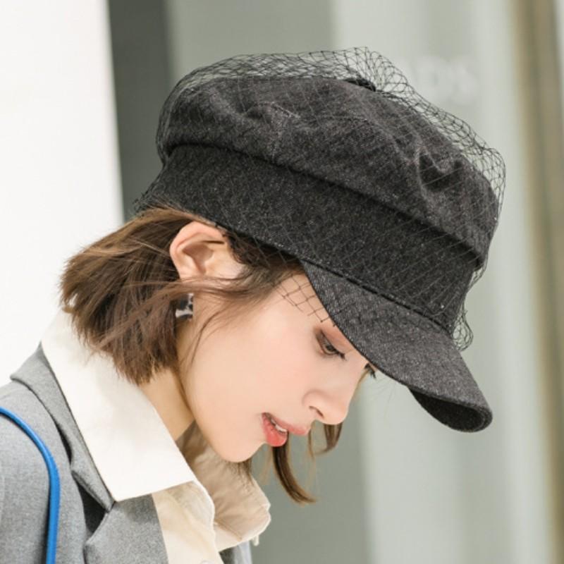 Fashion Lace Mesh Yarn Berets Hats For Women Girl Vintage Black Denim/Pu Flat Top Newsboy Caps Female Elegant Short Brim Sun Hat
