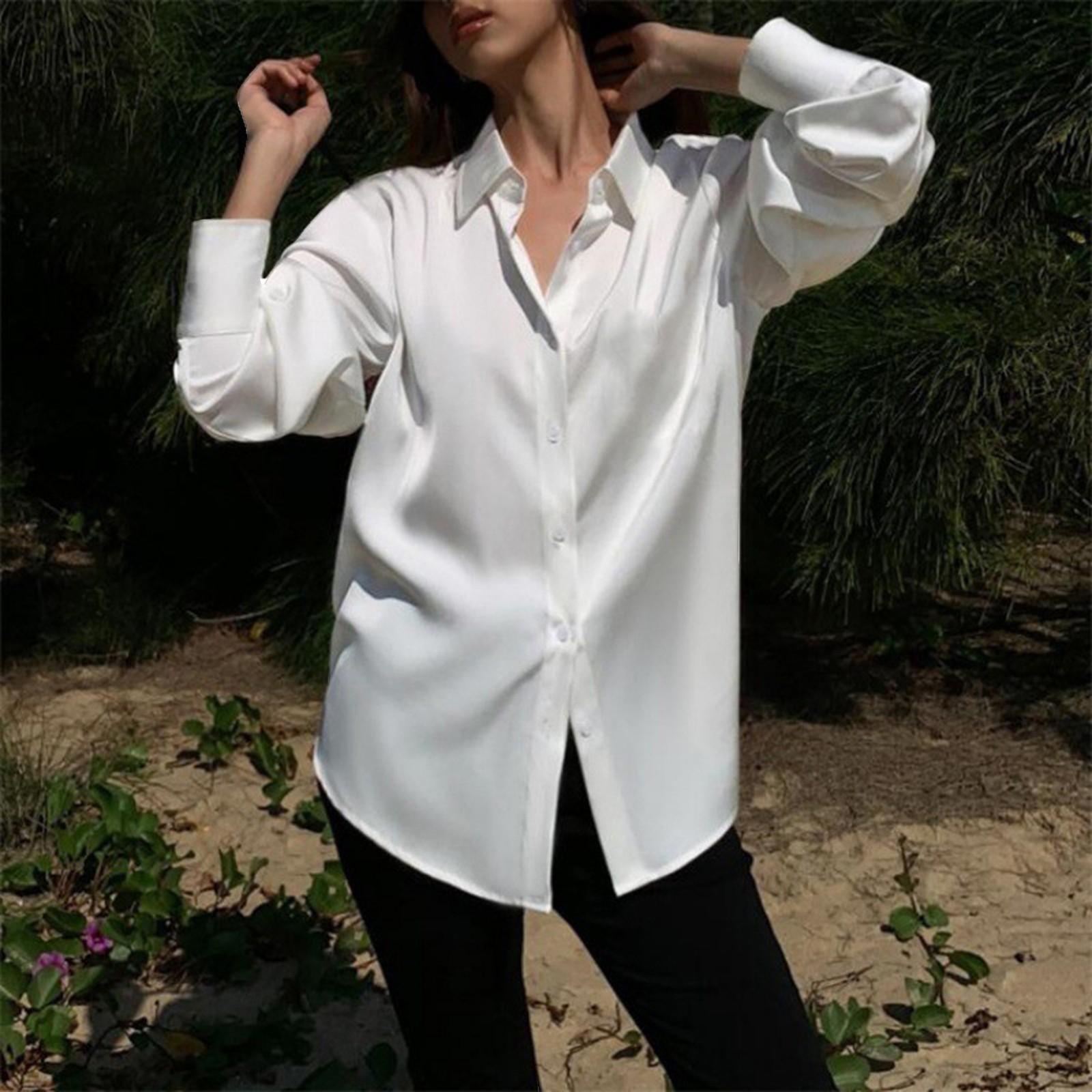 

Женская атласная рубашка с длинными рукавами, с эксклюзивным дизайном и свободным верхом S