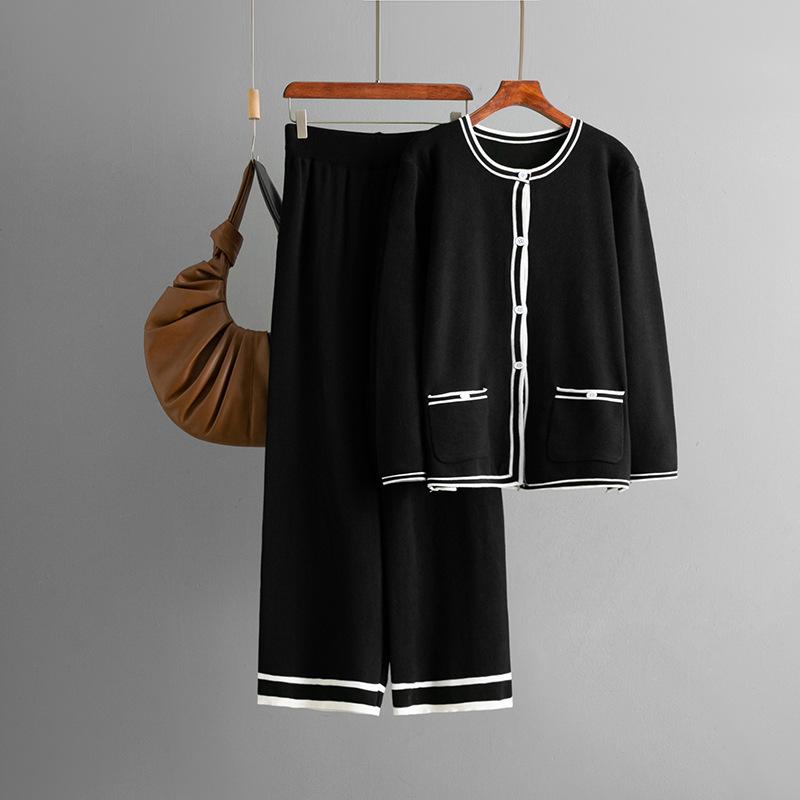 

Fashion suit women s autumn and winter new knitted cardigan sweater + casual wide-leg pants two-piece set one size fits all чорний