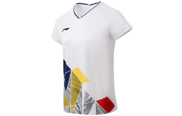 Li Ning Badminton Collection T Shirts Women's Standard White V Neck Moderate Straight Fit AAYR374-1