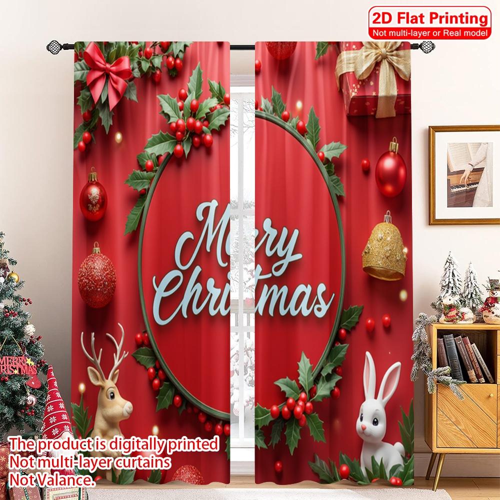 2pcs 2D Flat Printing Christmas Drapes Merry Christmas Holiday Scene 100% Polyester Fabric Without Electricity 0 Use for
