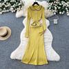 Autumn New High-end Small Fragrance Fashionable Contrasting Color Lapel Collar Long Sleeve Waist Slim Knitted Dress Women