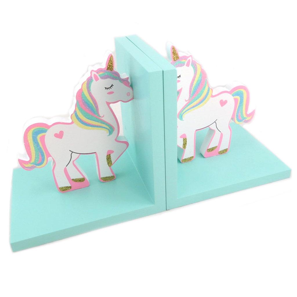 Les Trésors De Lily [P6246] - Wooden Bookends 'My Unicorn' White Pink Turquoise - 30.5x15x12 Cm