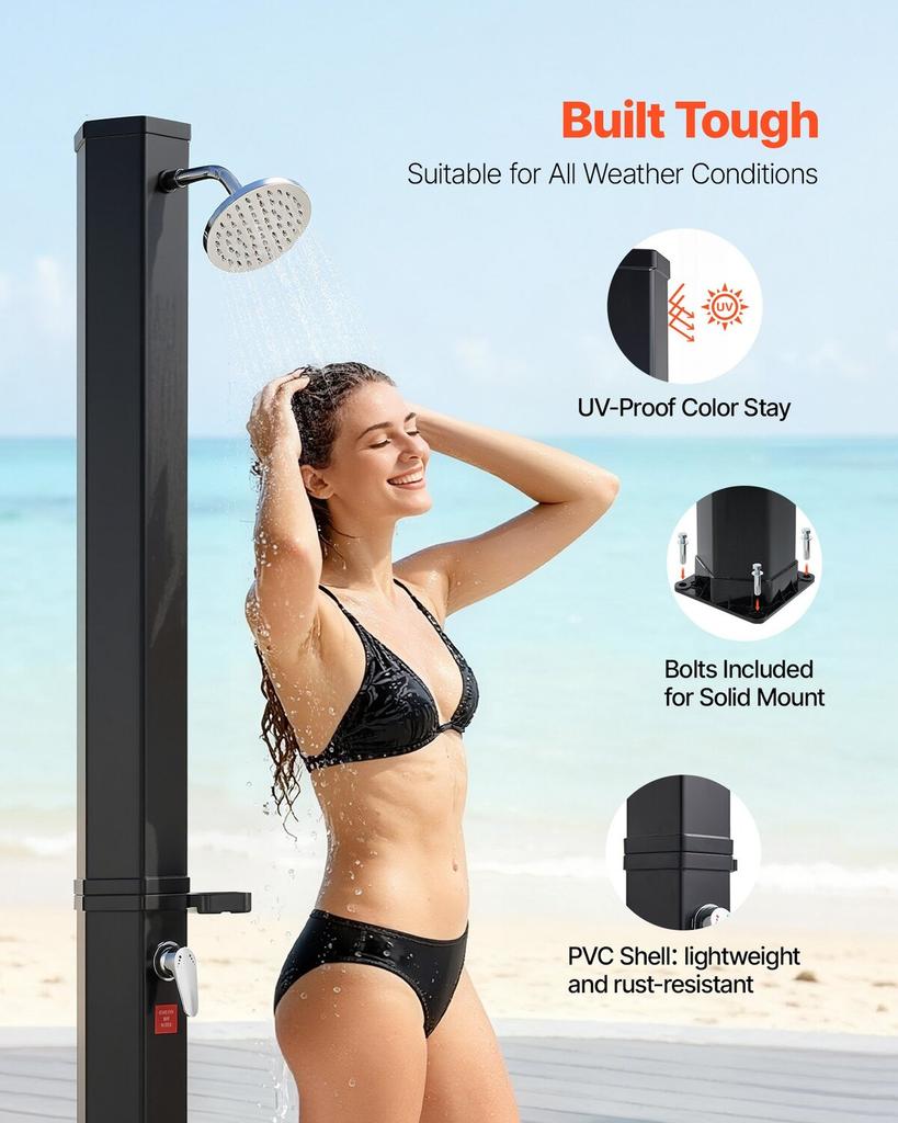 35L Solar Heated Shower, 195cm Showerhead Height Outdoor Shower, with Foot Faucet & Soap Box Rack, Hot & Cold Water Adjustment, Freestanding for